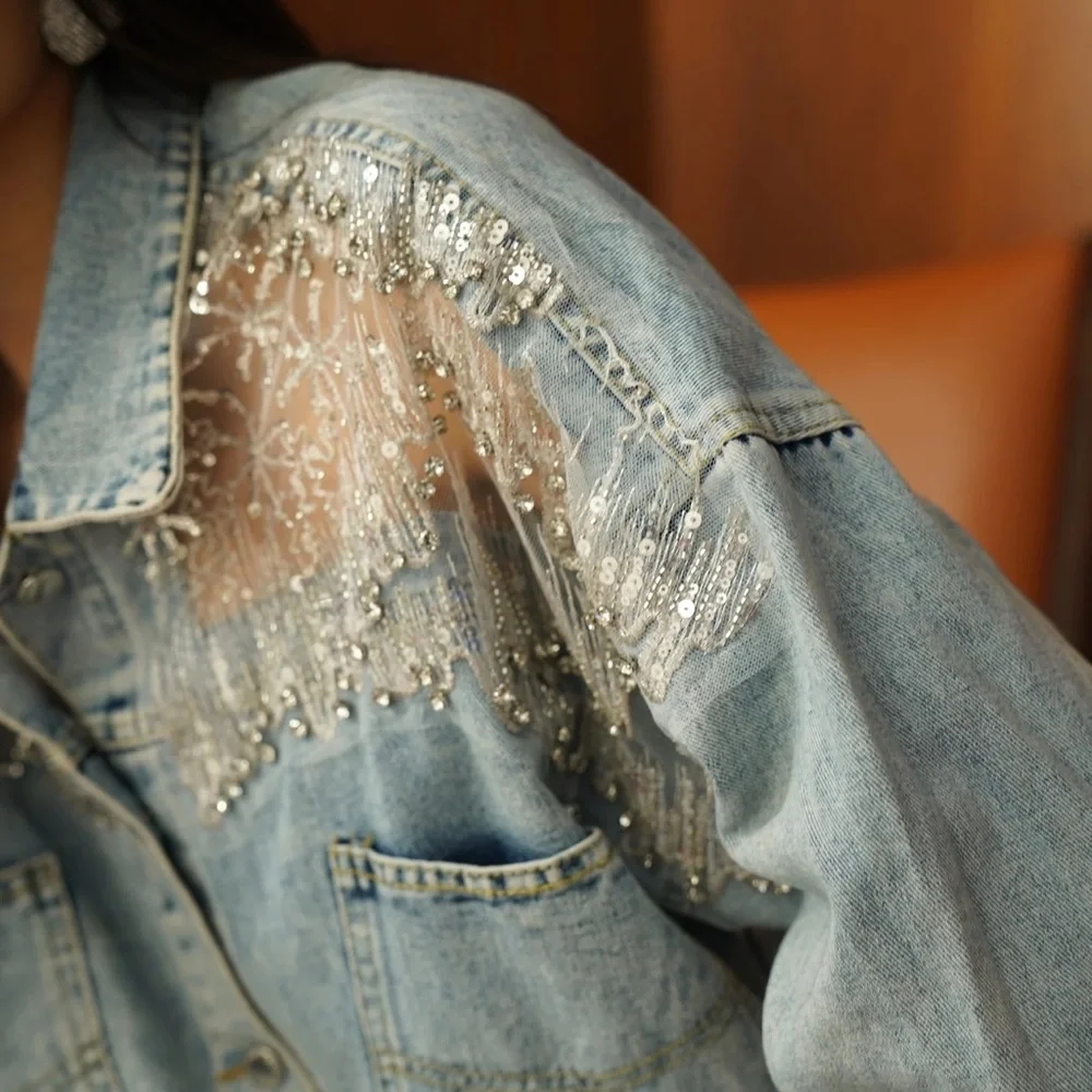 DAVI & DANI NWT Light Blue Cropped Denim Jacket with Sheer Embellishments Size S - Picture 3 of 13